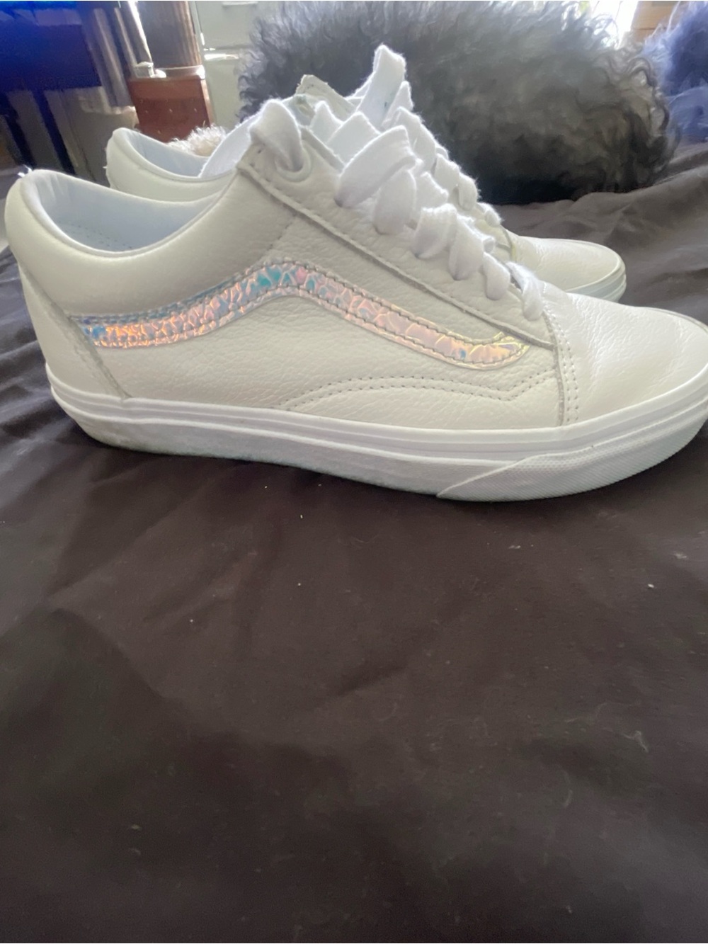 (SOLD) Vans Old Skool White Leather Sneakers with Iridescent Side Stripe